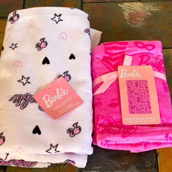 Mattel Barbie Pink & White Velour 100% Cotton 1 Bath 2 Hands Towel Set 3pc - Picture 5 of 12